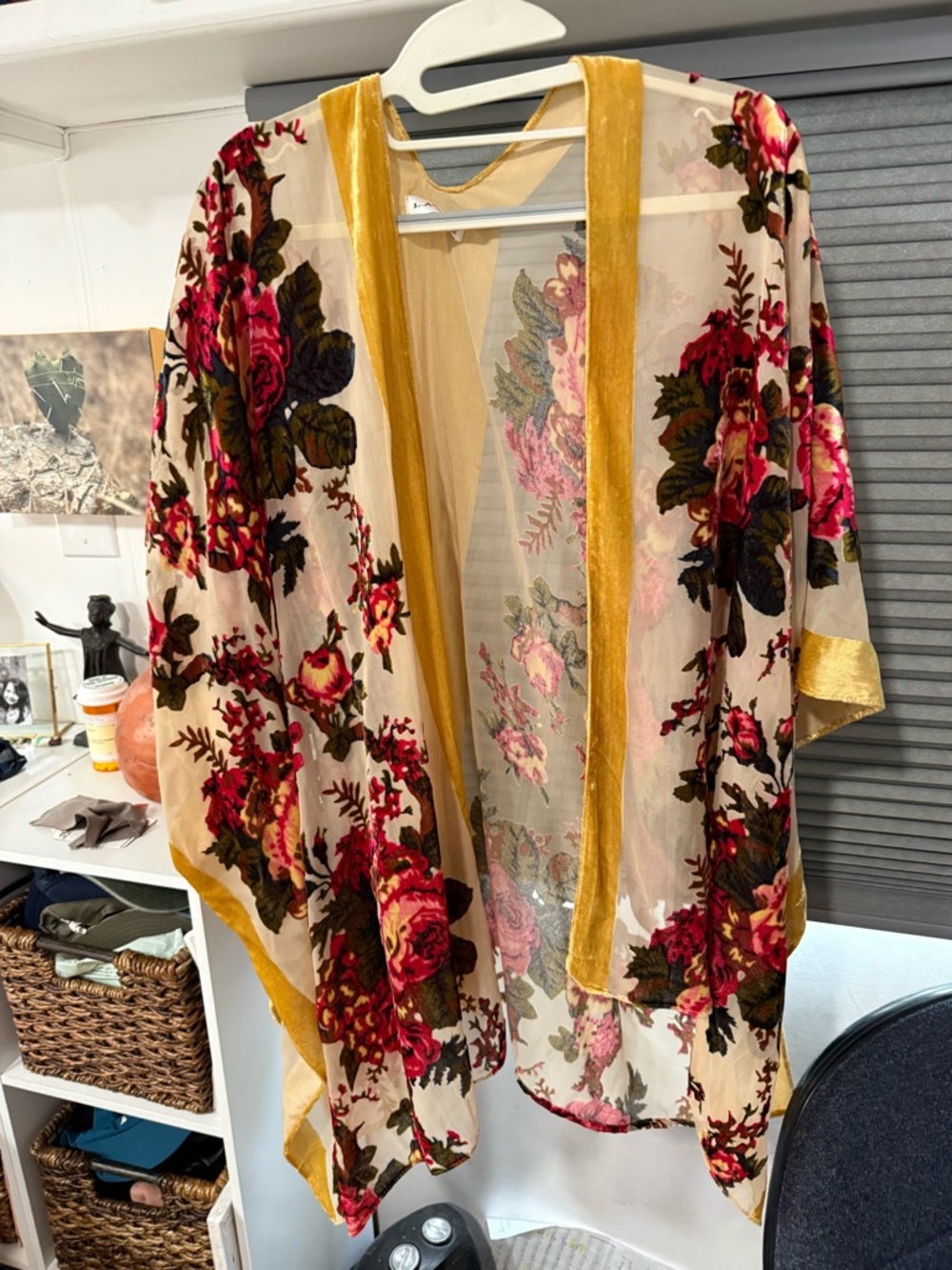 LA Soul Floral Velvet-Trim Sheer Kimono - Gold & Multi